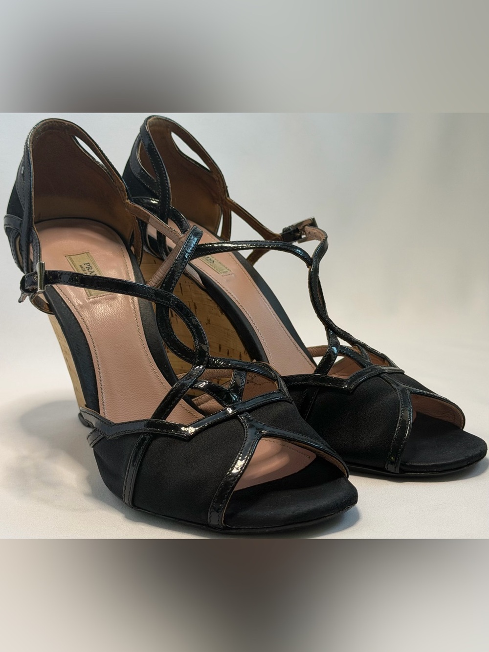 Prada Black Satin Patent Leather Cork Wedge Sandals Ankle Strap EU 38.5